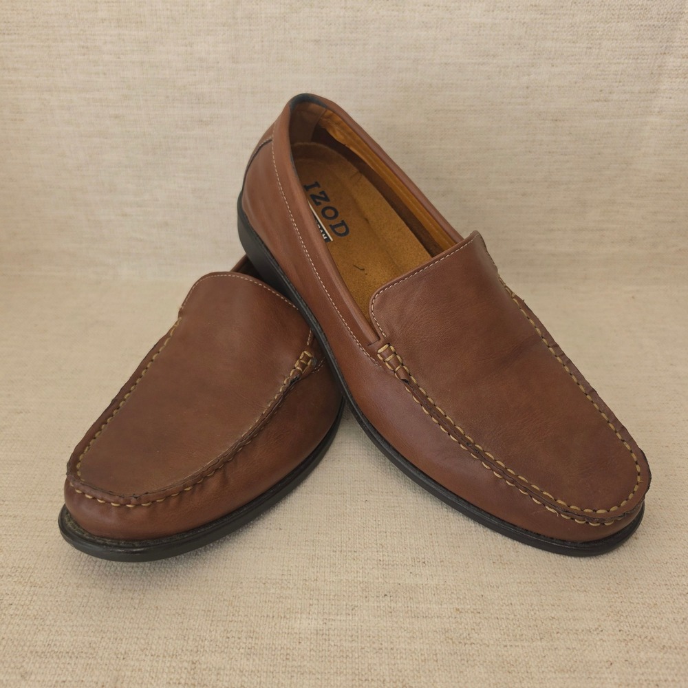 IZOD Elson Tan Mens 10M Brown Memory Foam Slip On Moc Toe Loafers Shoes